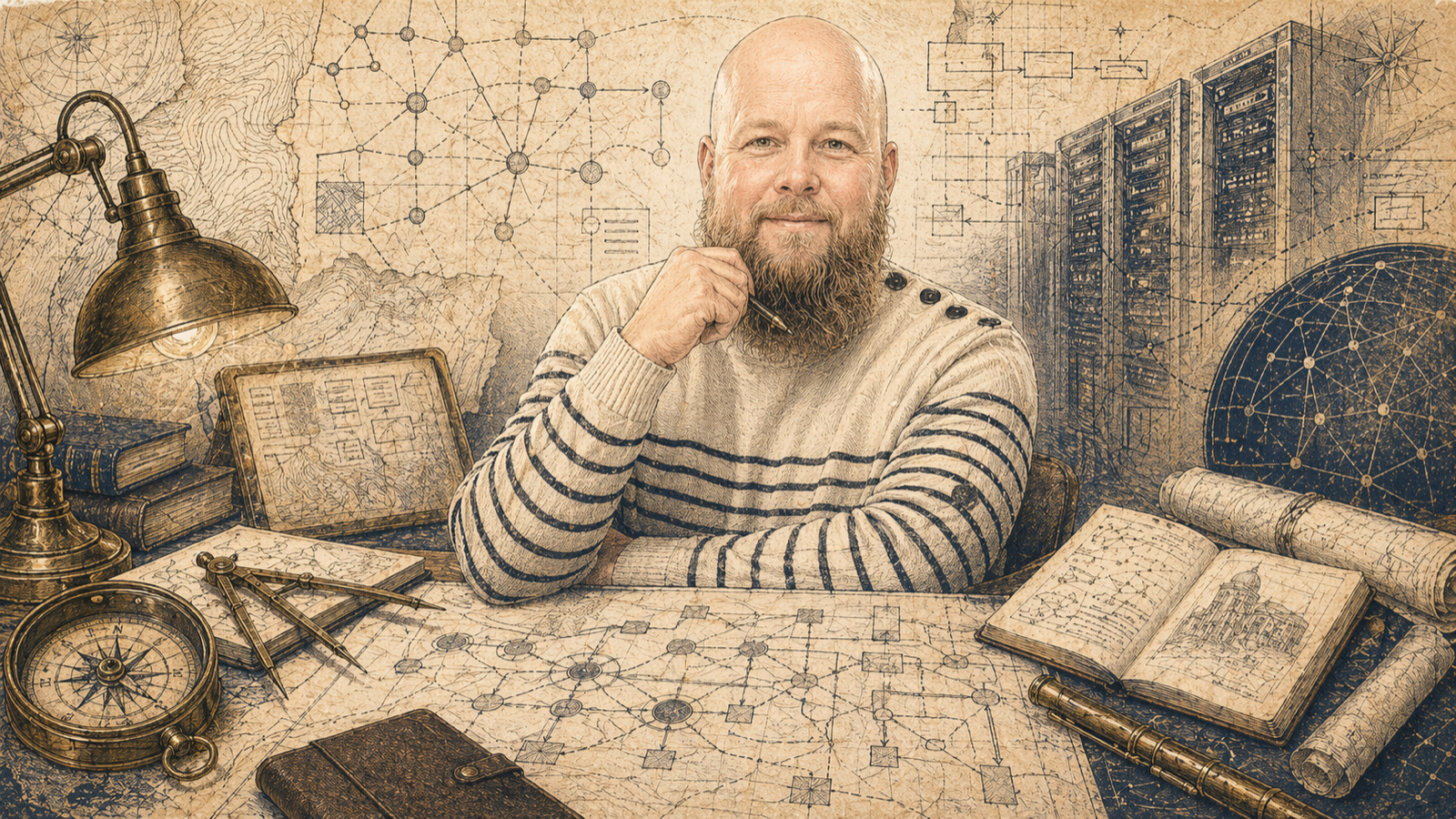 Niels Freier studying technology maps in the Arkham Times cartographer style